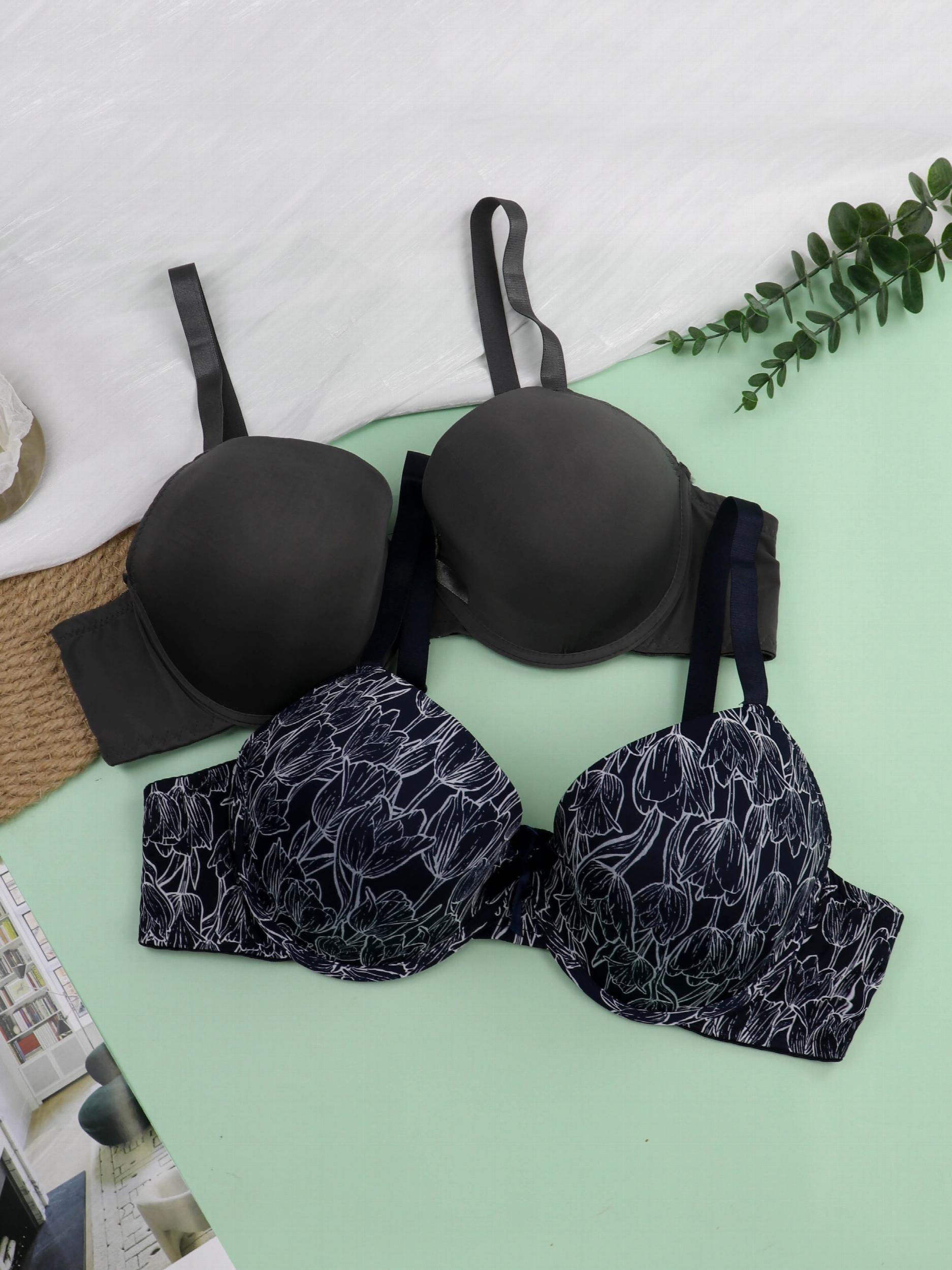 2 Pack Women's Plus Size Casual Bras Set Full Coverage Solid Floral Print 2pcs