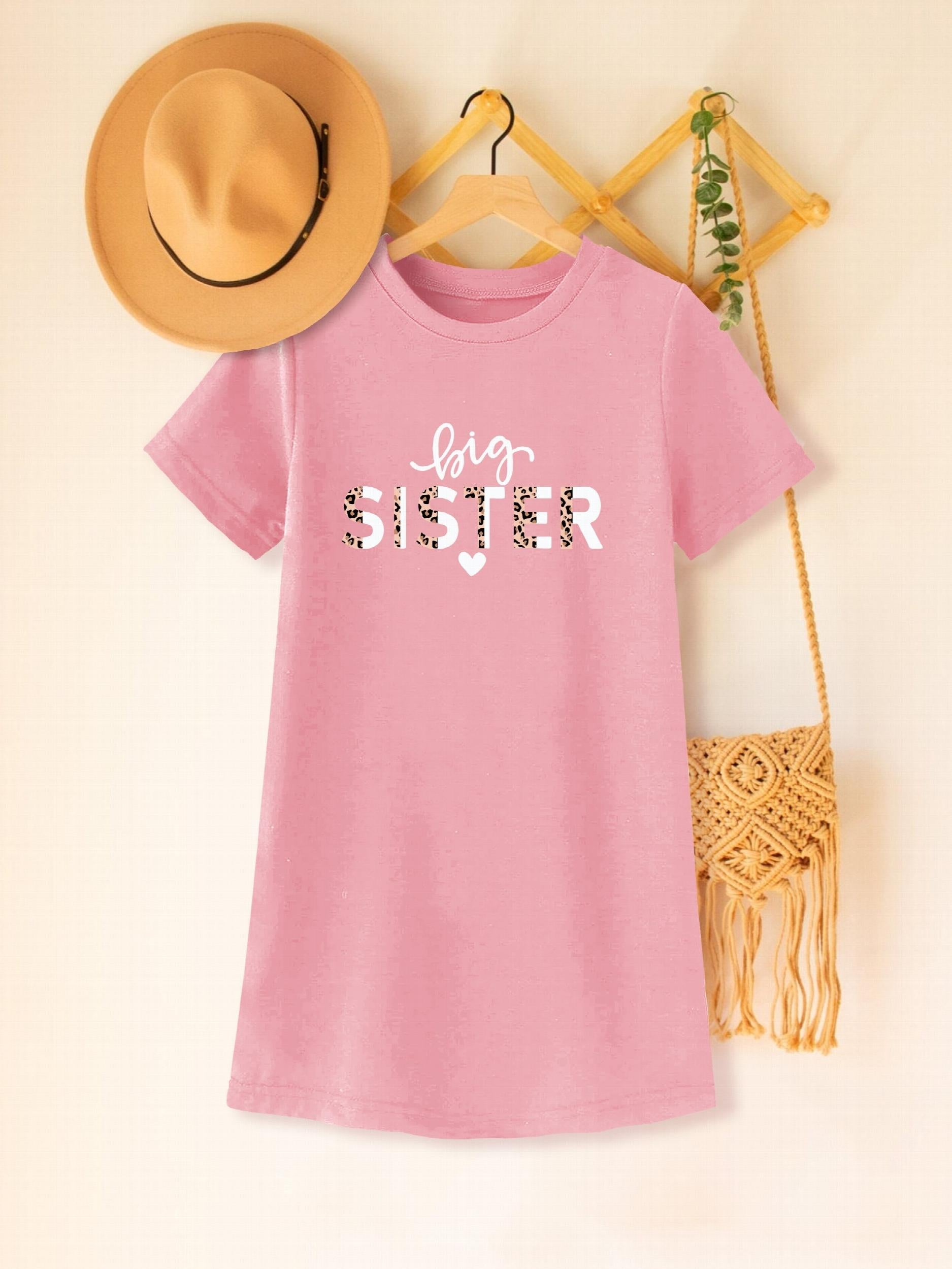 Toddler Girls Short Sleeve Leopard Letter BIG SISTER Graphic T Shirt Dress