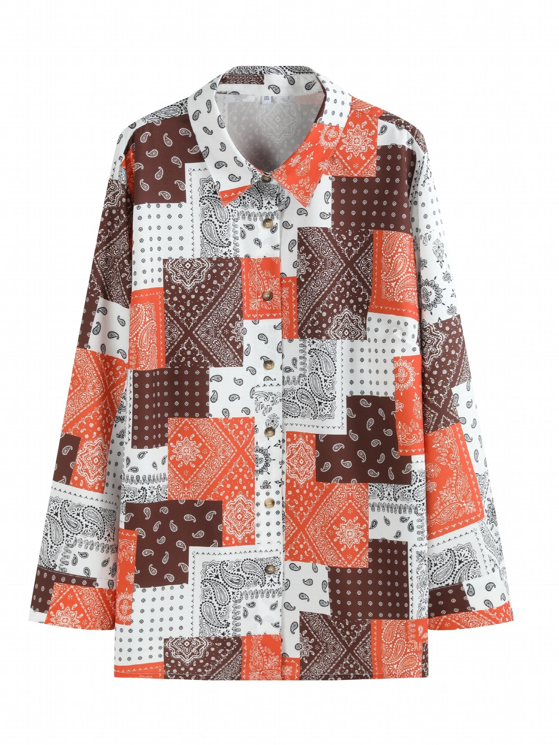 Women's Plus Size Scarf Print Button Up Boho Blouse