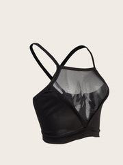 Sheer Mesh Halter Cami Crop Top Plunging Criss Cross Back Top