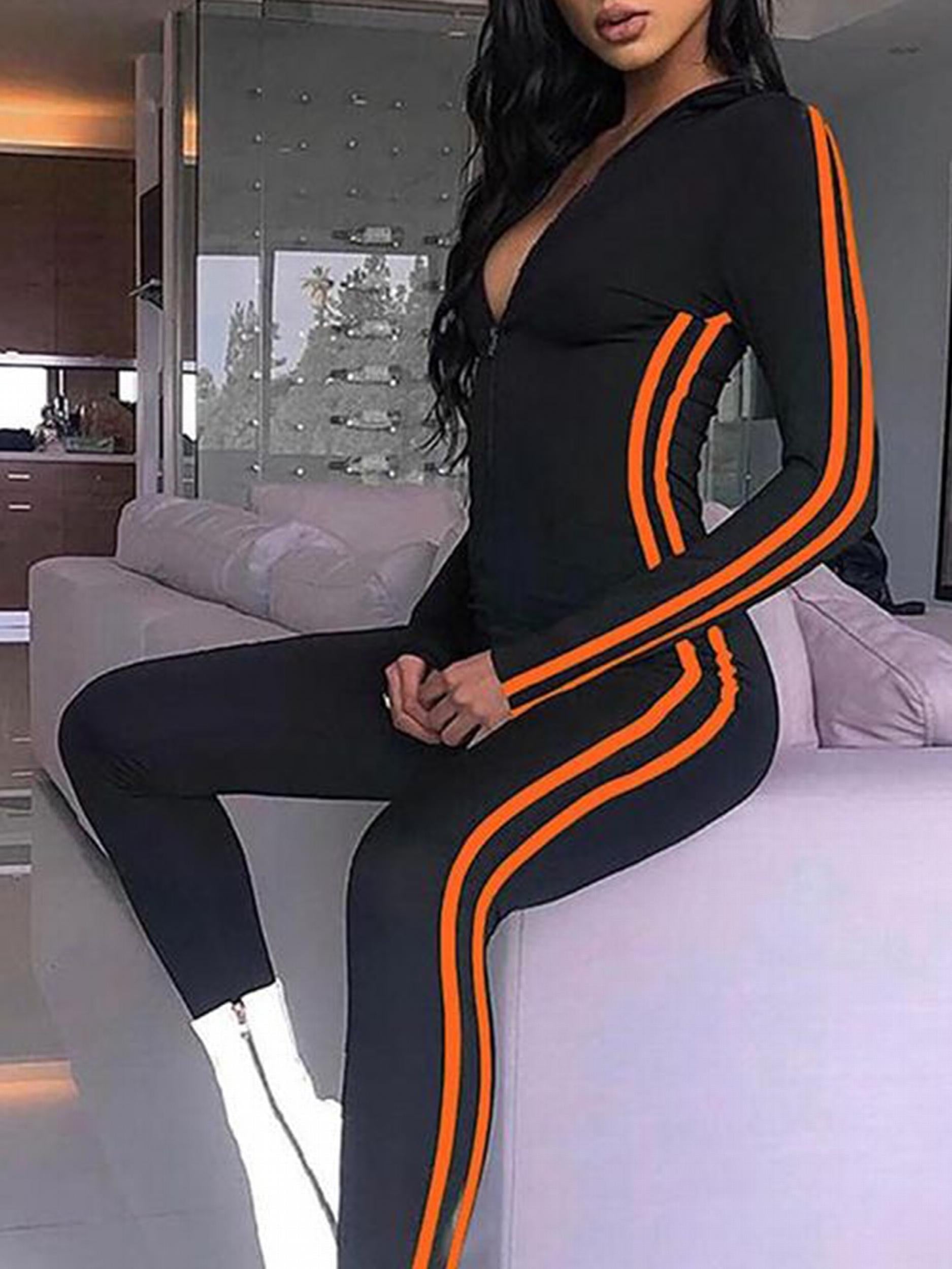 Stripe Long Sleeve Bodysuit Zipper Front Yoga Jumpsuit