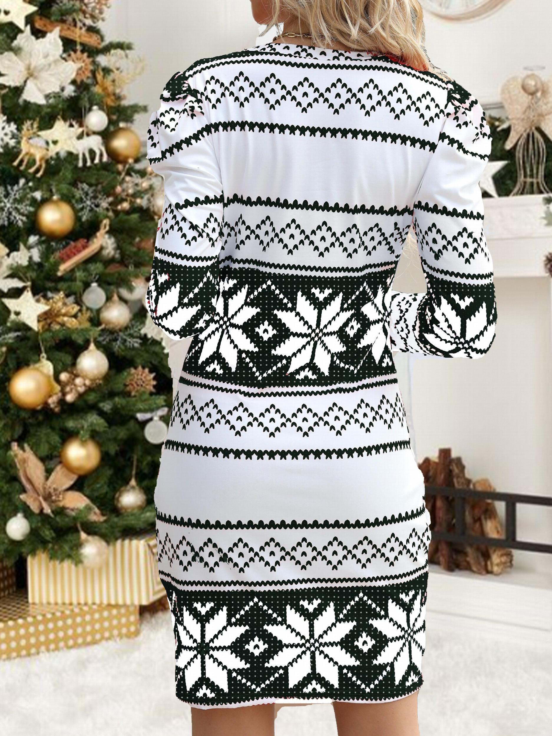 Geometric Pattern Lounge Dress Christmas Comfy Long Sleeve Home Dress