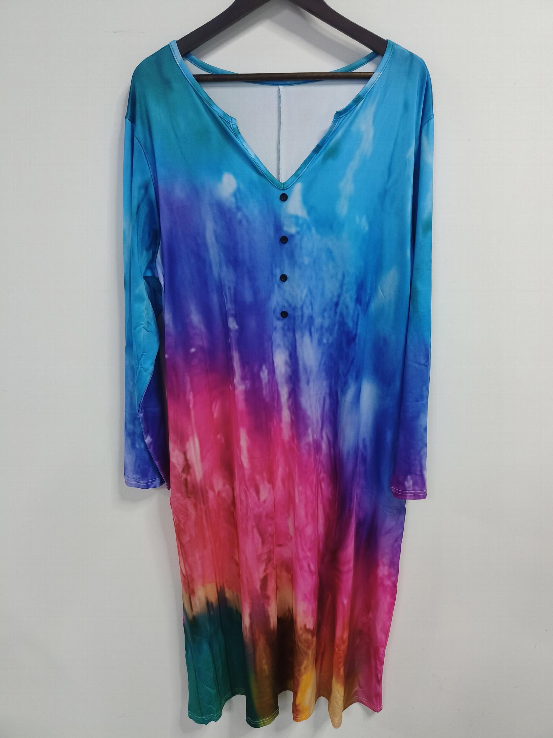 Ombre Button Decor Long Sleeve V-Neck Maxi Dress