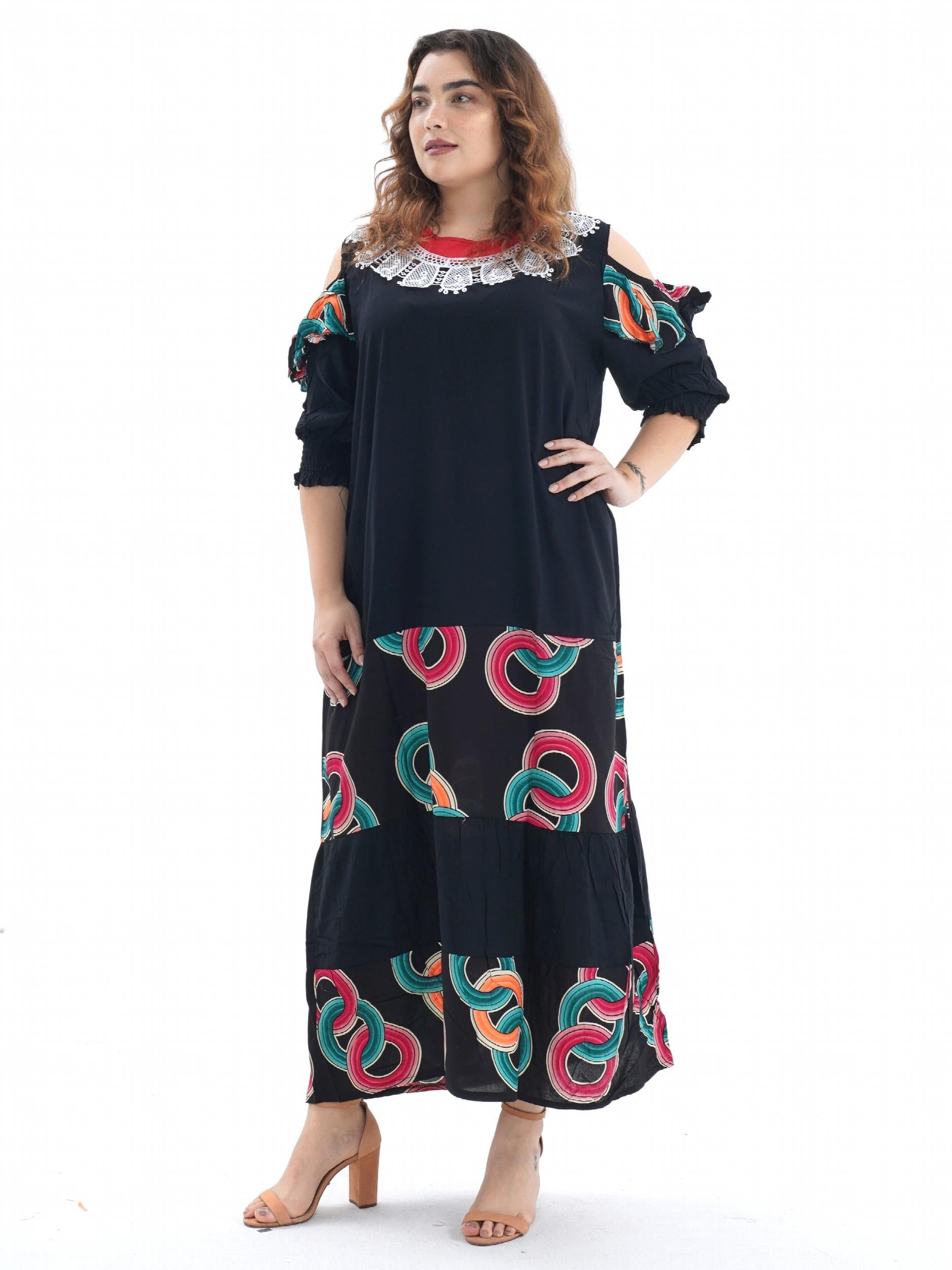 Ramadan Kaftan Dress Set Women's Plus Graphic Print Contrast Lace
