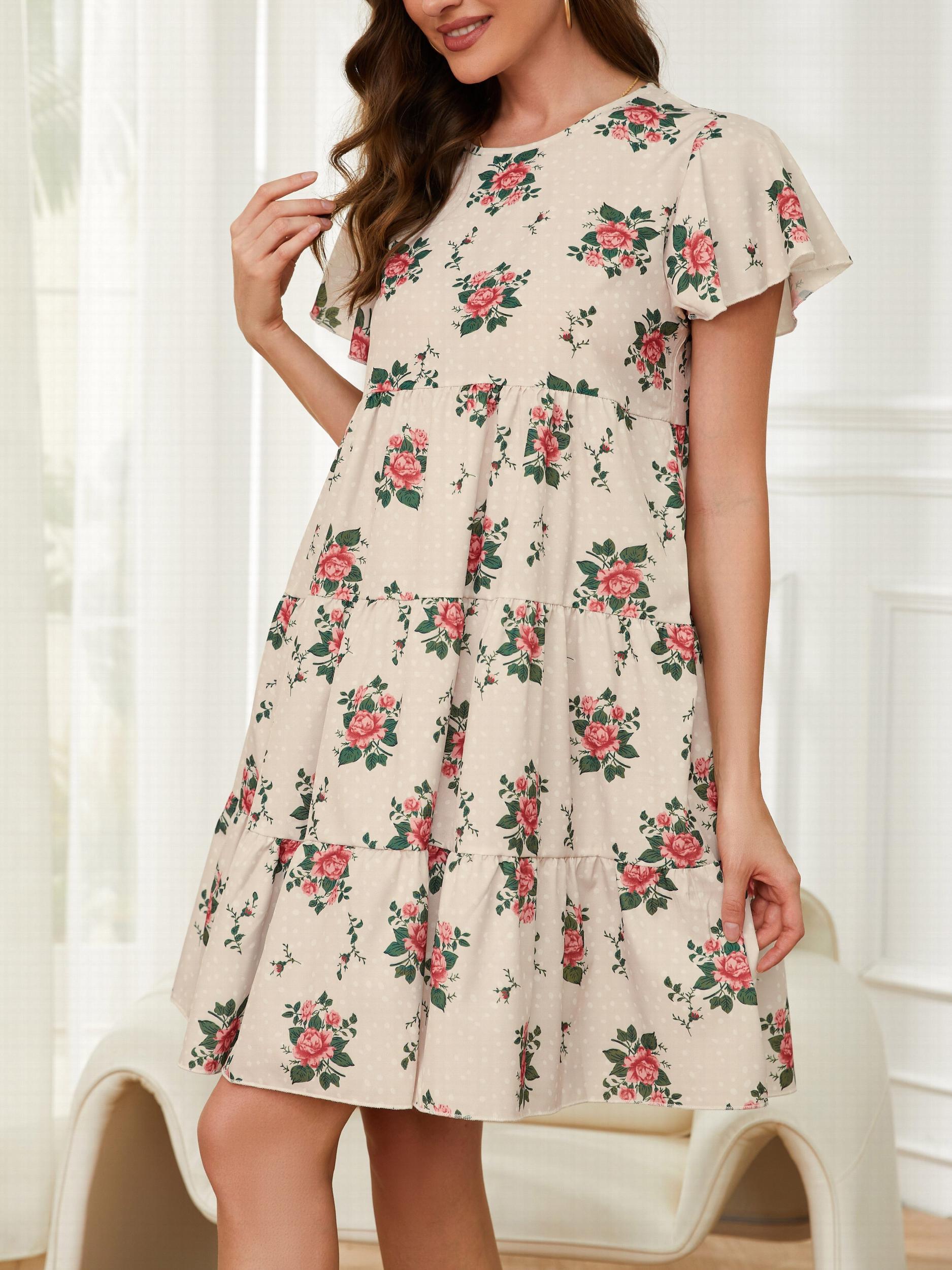 Vintage Floral Print Dress Casual Tiered Short Sleeve Dress