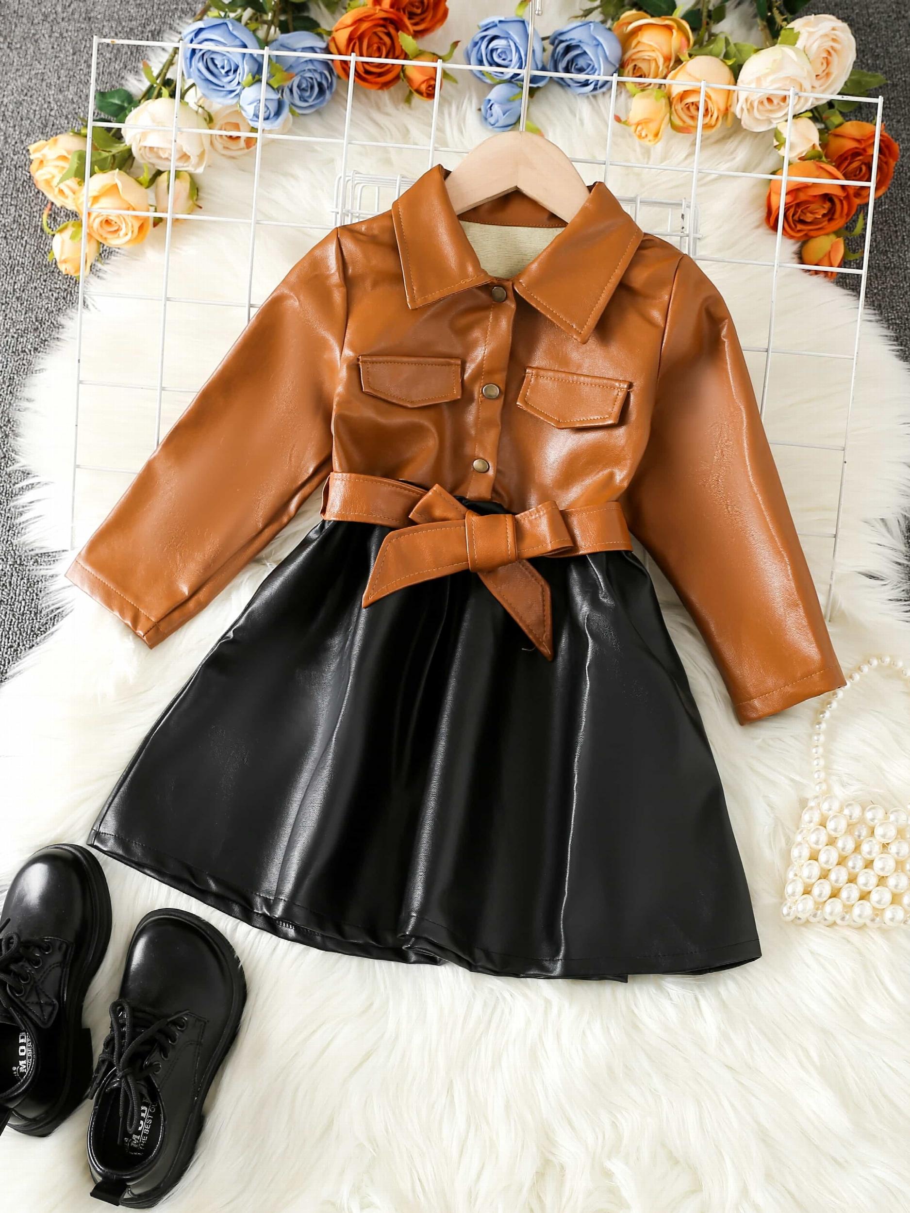 Baby Girls PU Leather Dress Long Sleeve Lapel With Belt Dress