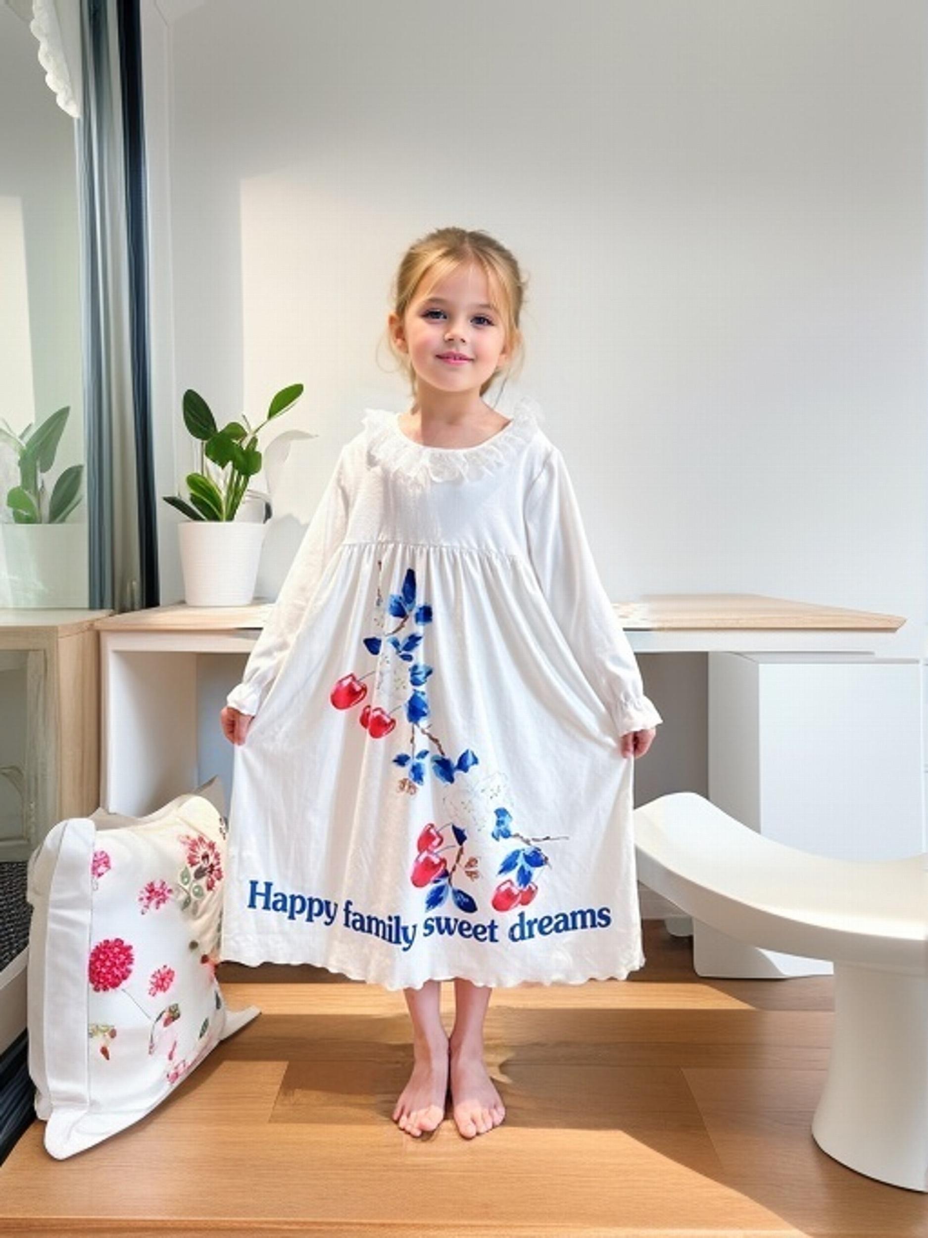 Girl's Floral Nightgown Letter Print Long Sleeve Lace Collar PJ
