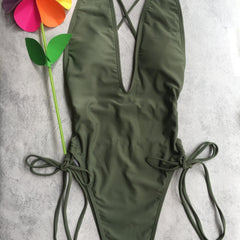Criss Cross Backless High Cut One Piece Swimsuit Women's Swimwear