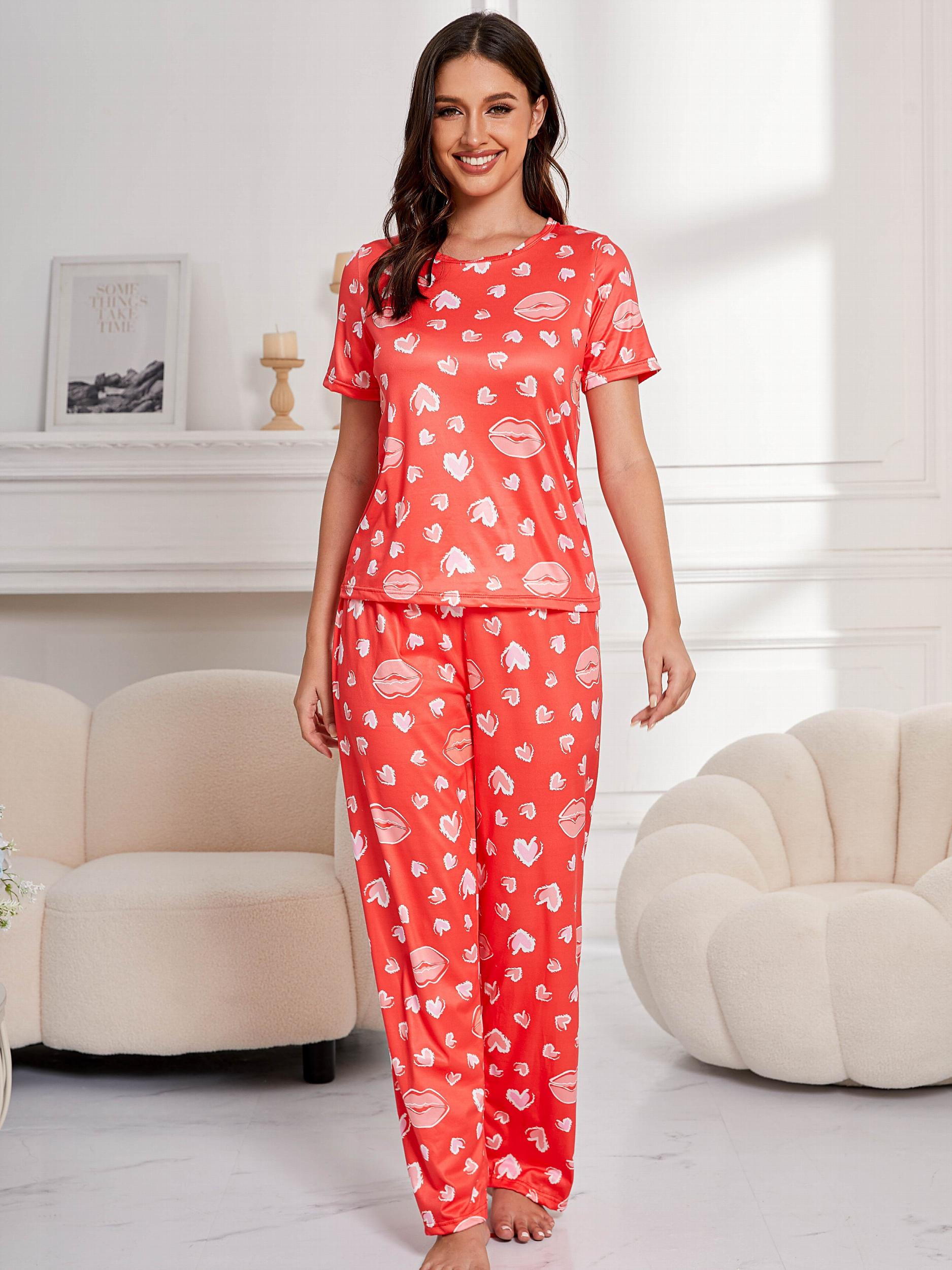 Heart & Lip Print Pajama Set Crew Neck Top & Lounge Pants
