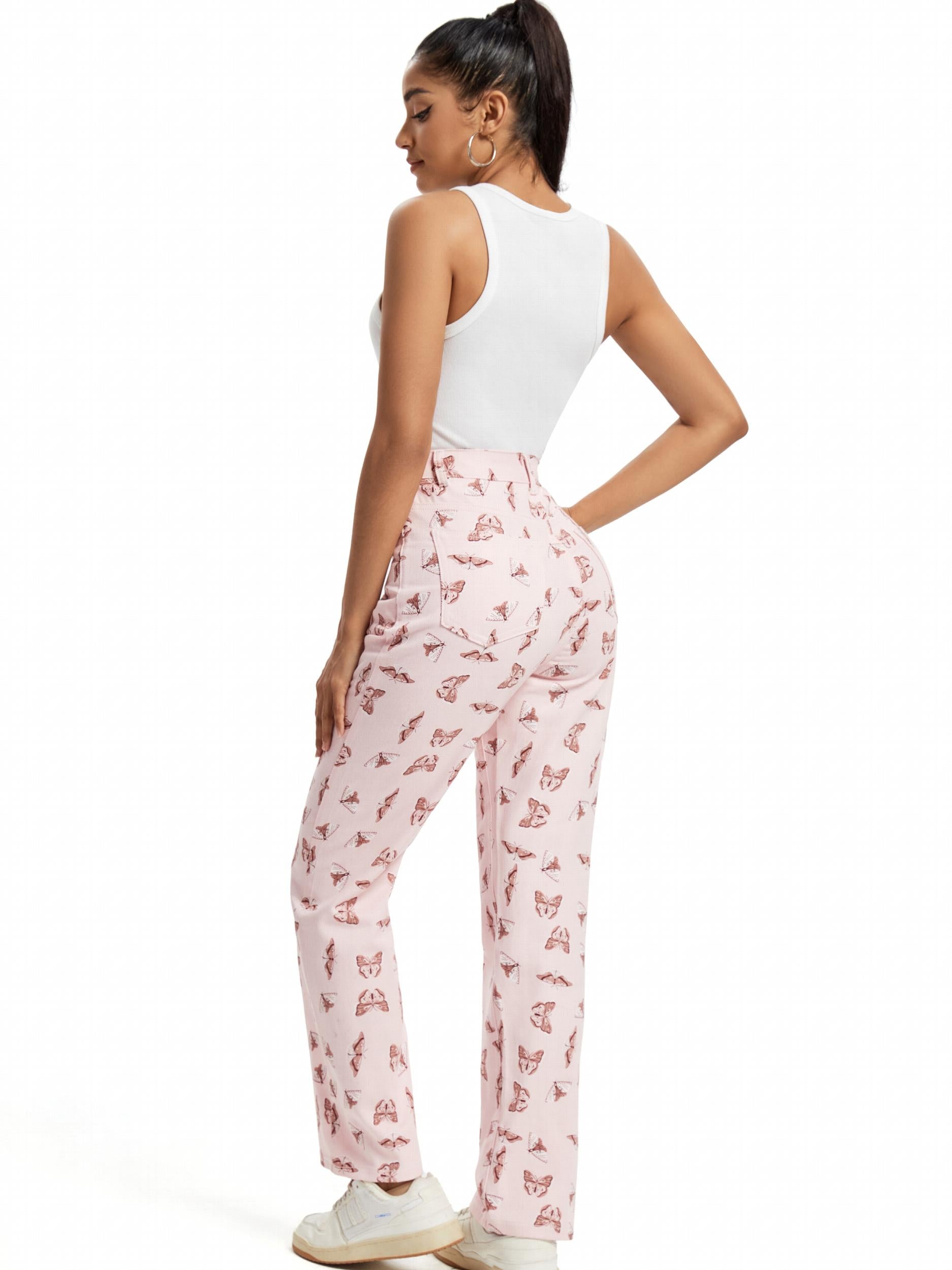 Butterfly Print Pink Straight Leg Jeans