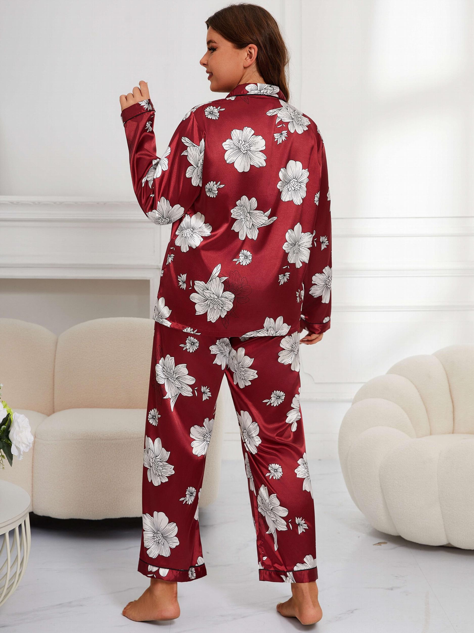 Floral Print Satin Shirt & Pants Pajamas Set