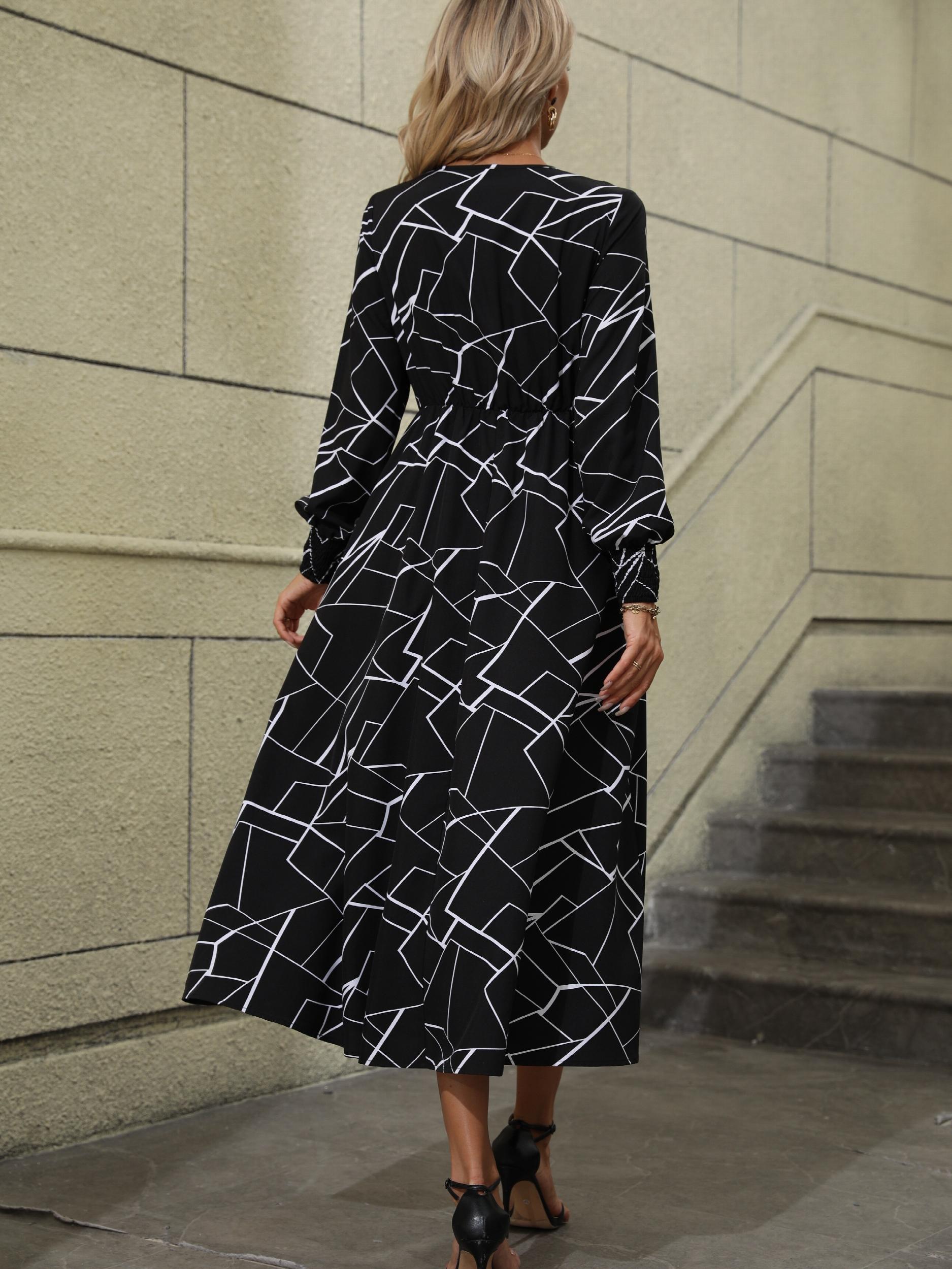 Geo Print Midi Dress V Neck Long Sleeve Dress Women's Clothing