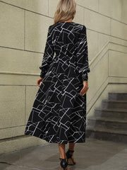 Geo Print Midi Dress V Neck Long Sleeve Dress Women's Clothing
