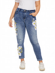 Washed Ripped Floral Embroidery High Stretch Jeans
