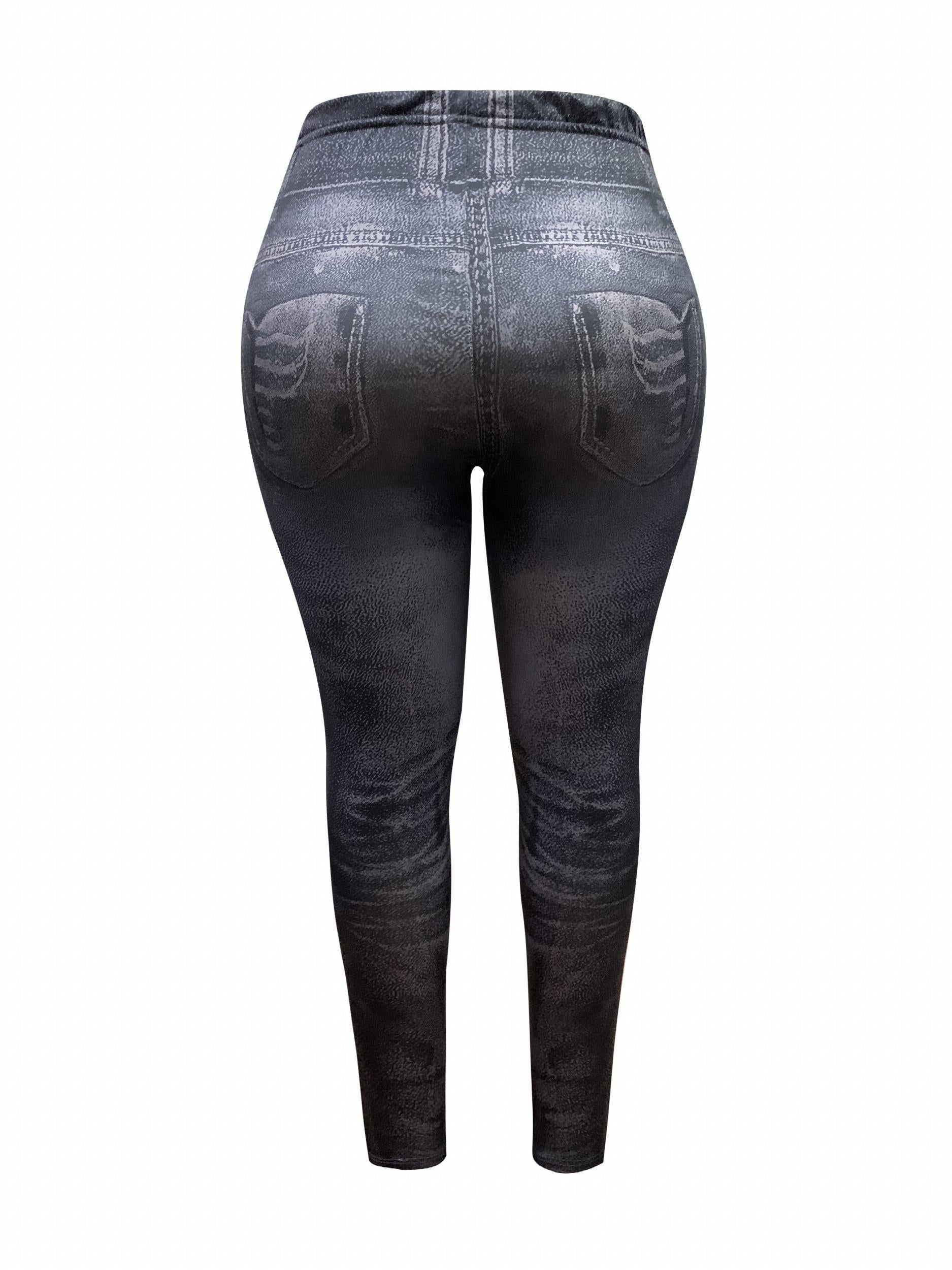 Distressed Denim Print High Rise Leggings Plus Size