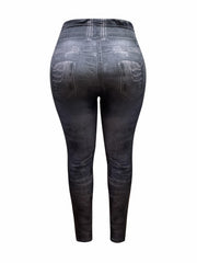 Distressed Denim Print High Rise Leggings Plus Size