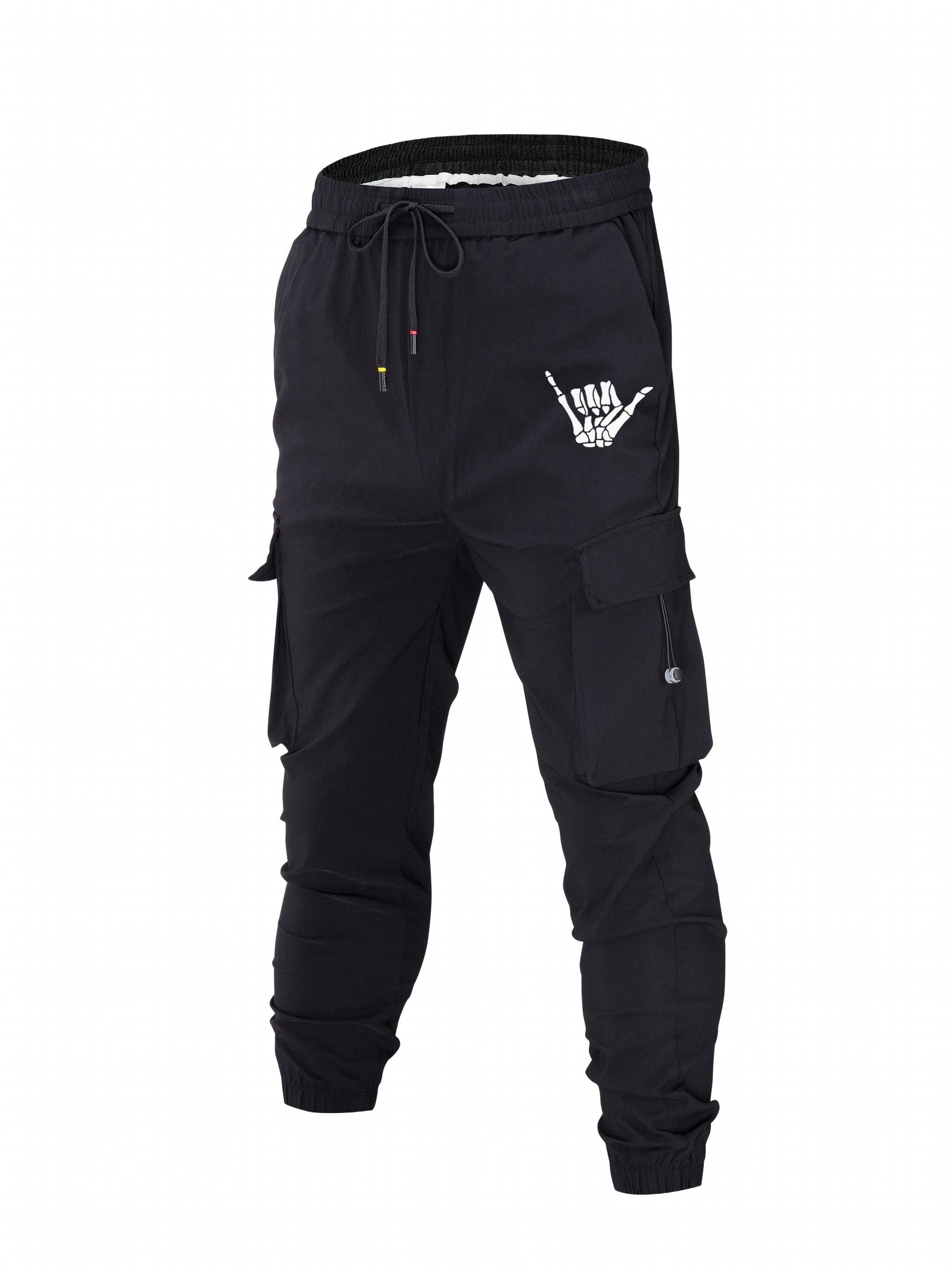 Hand Skeleton Print Men's Drawstring Flap Pocket Cargo Pants