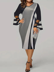 Colorblock Mesh Sleeve V Neck Dress