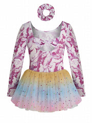 Girls Long Sleeve Back Bow Stars Sequins Tulle Tutu Patchwork Dress