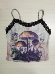 Y2K Mushroom Print Cami Top Contrast Lace Sleeveless Top