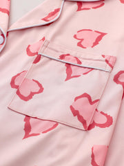 Heart Print Pajama Set Long Sleeve Buttons Top & Elastic Waistband Pants