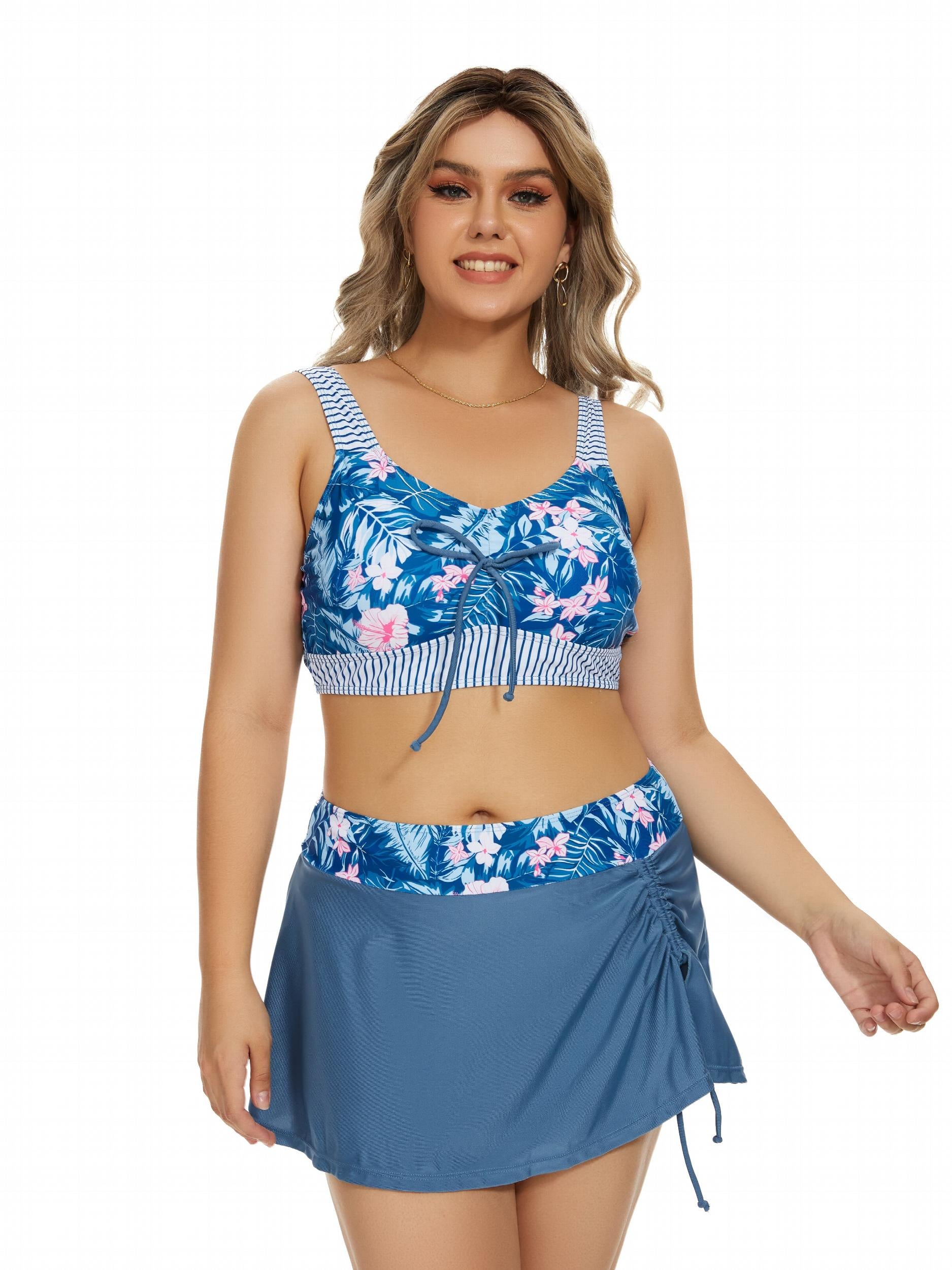 Boho Tankini Set Women's Plus Tie Front Tank Top & Lace Up Mini Skirt
