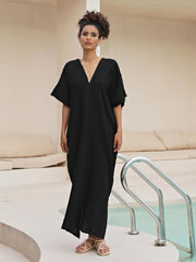 Solid Bat Sleeve V Neck Beach Cover Up Dress