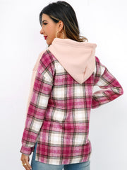 Plaid Pattern Hooded Sweatshirt Pink Long Sleeve
