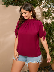 Solid Mock Neck Ruched Tie Sleeve Blouse