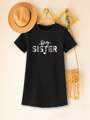 Toddler Girls Short Sleeve Leopard Letter BIG SISTER Graphic T Shirt Dress