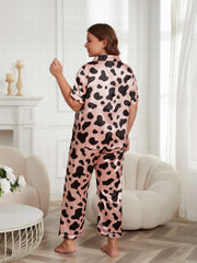 Satin Cow Print Pajamas Set Short Sleeve Button Up Shirt & Pants