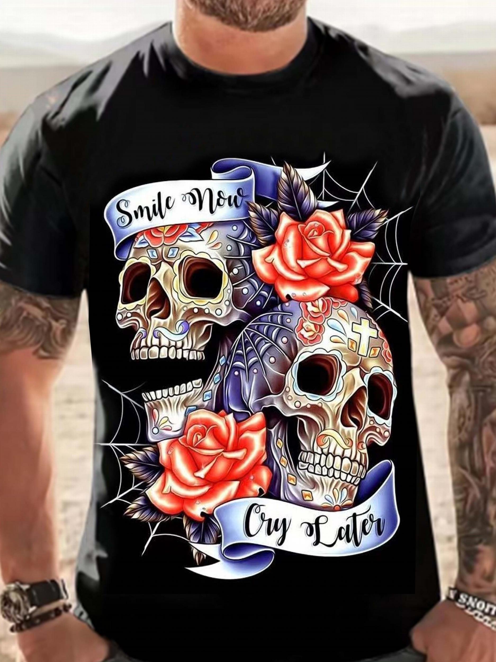 Men's 3D Floral Skull Print T-shirt for Summer Outdoor