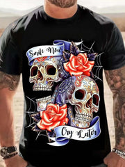 Men's 3D Floral Skull Print T-shirt for Summer Outdoor