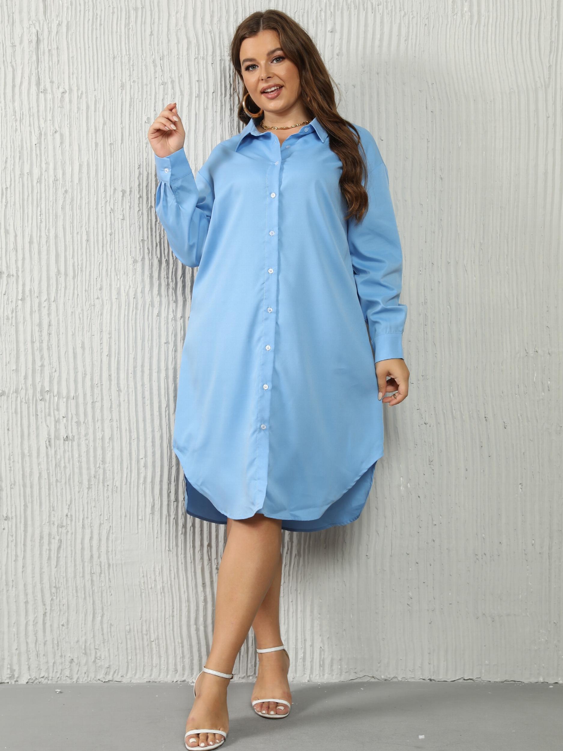 Solid Button Up Long Sleeve Collar Shirt Dress