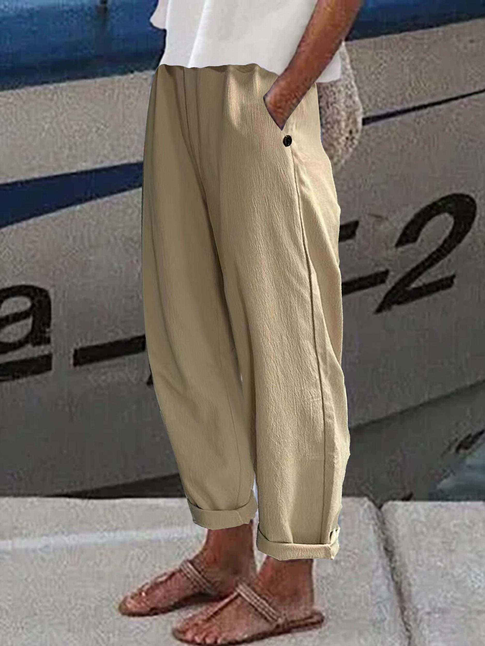 Elastic Waist Solid Casual Pants Loose Sports Pants With Pocket