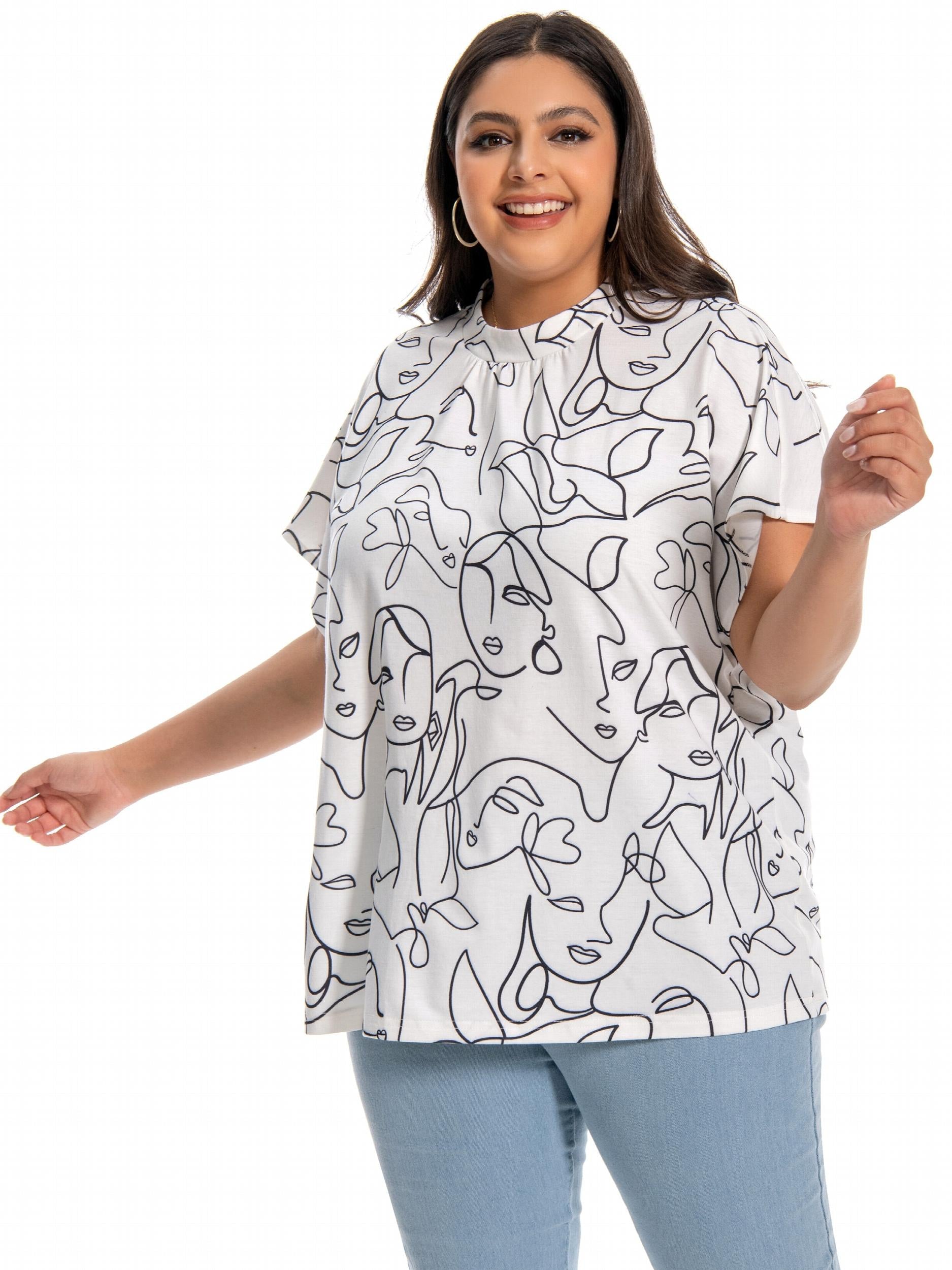 Abstract Print Mock Neck T-shirt