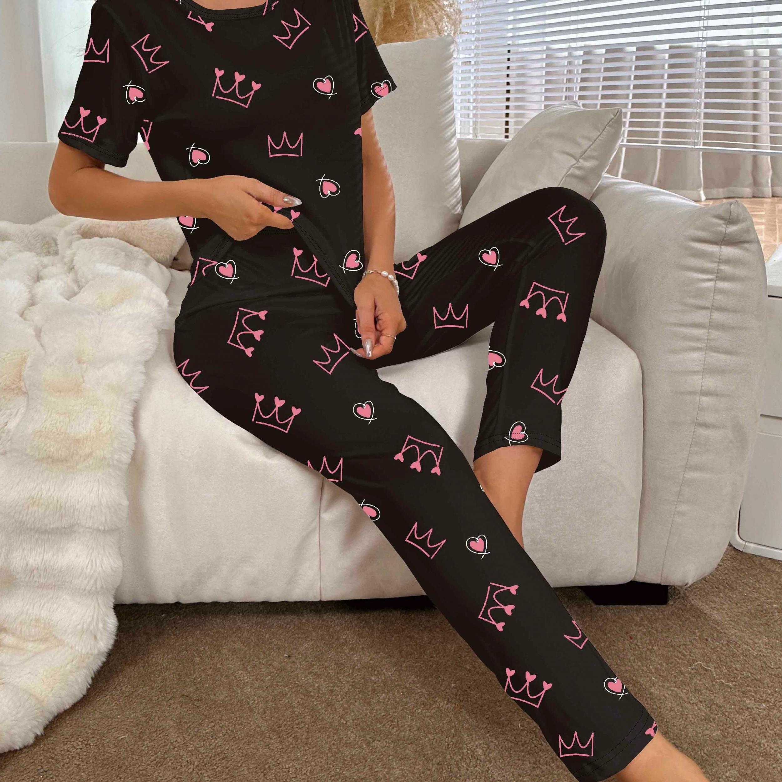 Crown Print Pajama Set Short Sleeve Crew Neck Top & Elastic Waistband Pants