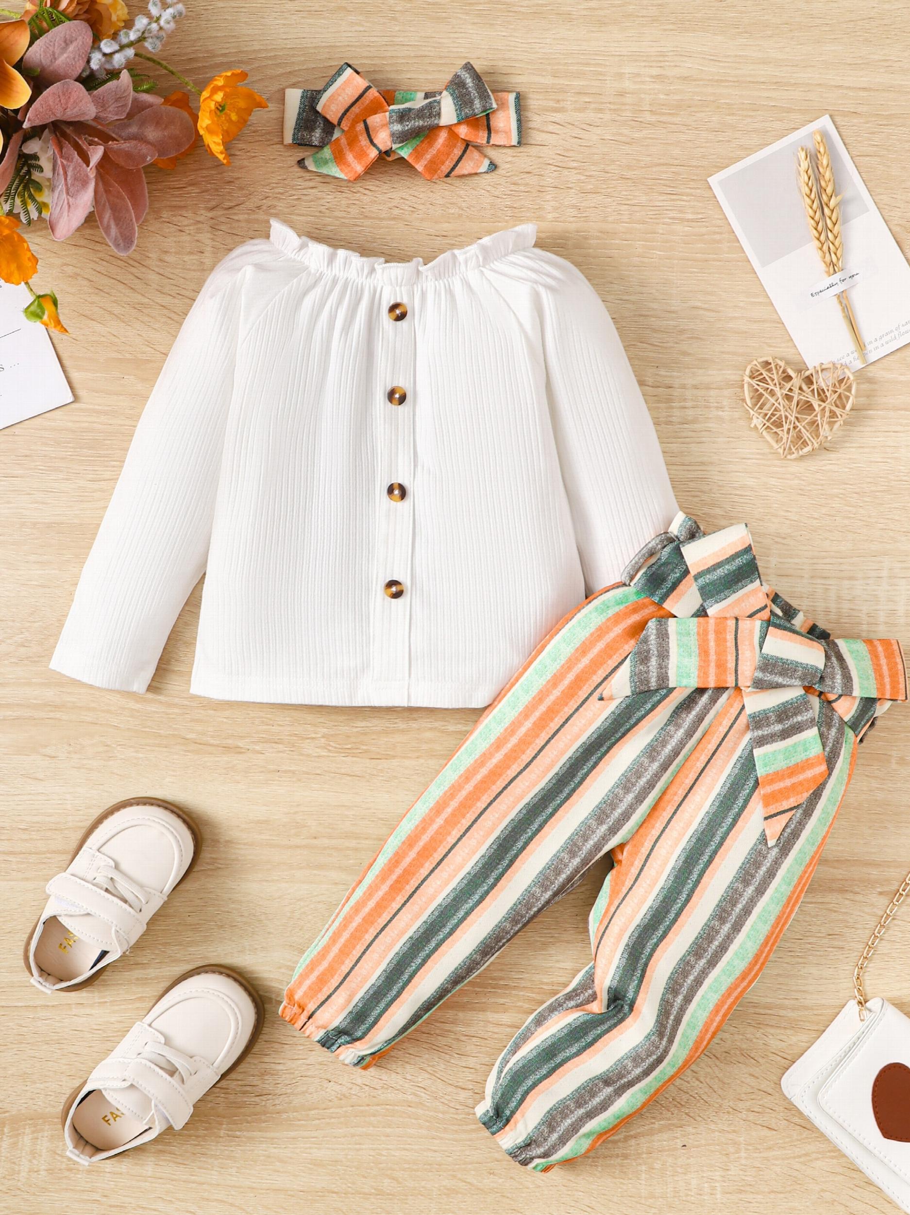 Toddler Girls Ruffle Long Sleeve Top Multicolor Striped Trousers Set