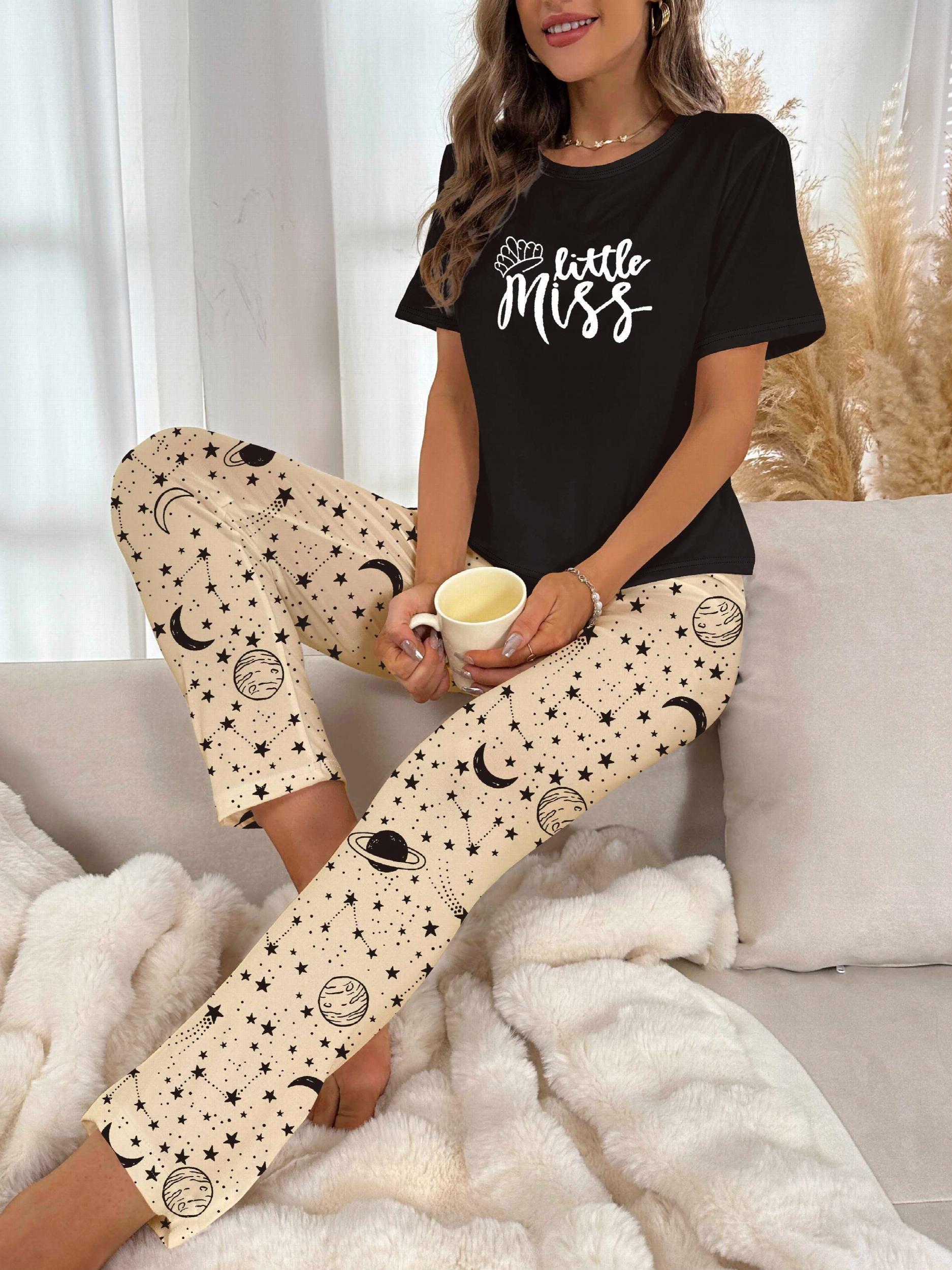 Letter Print Pajama Set with Starry Print Pants