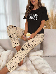 Letter Print Pajama Set with Starry Print Pants