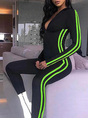 Stripe Long Sleeve Bodysuit Zipper Front Yoga Jumpsuit