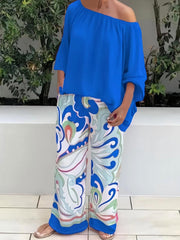 Solid Lantern Sleeve Top & Floral Print Pants Set
