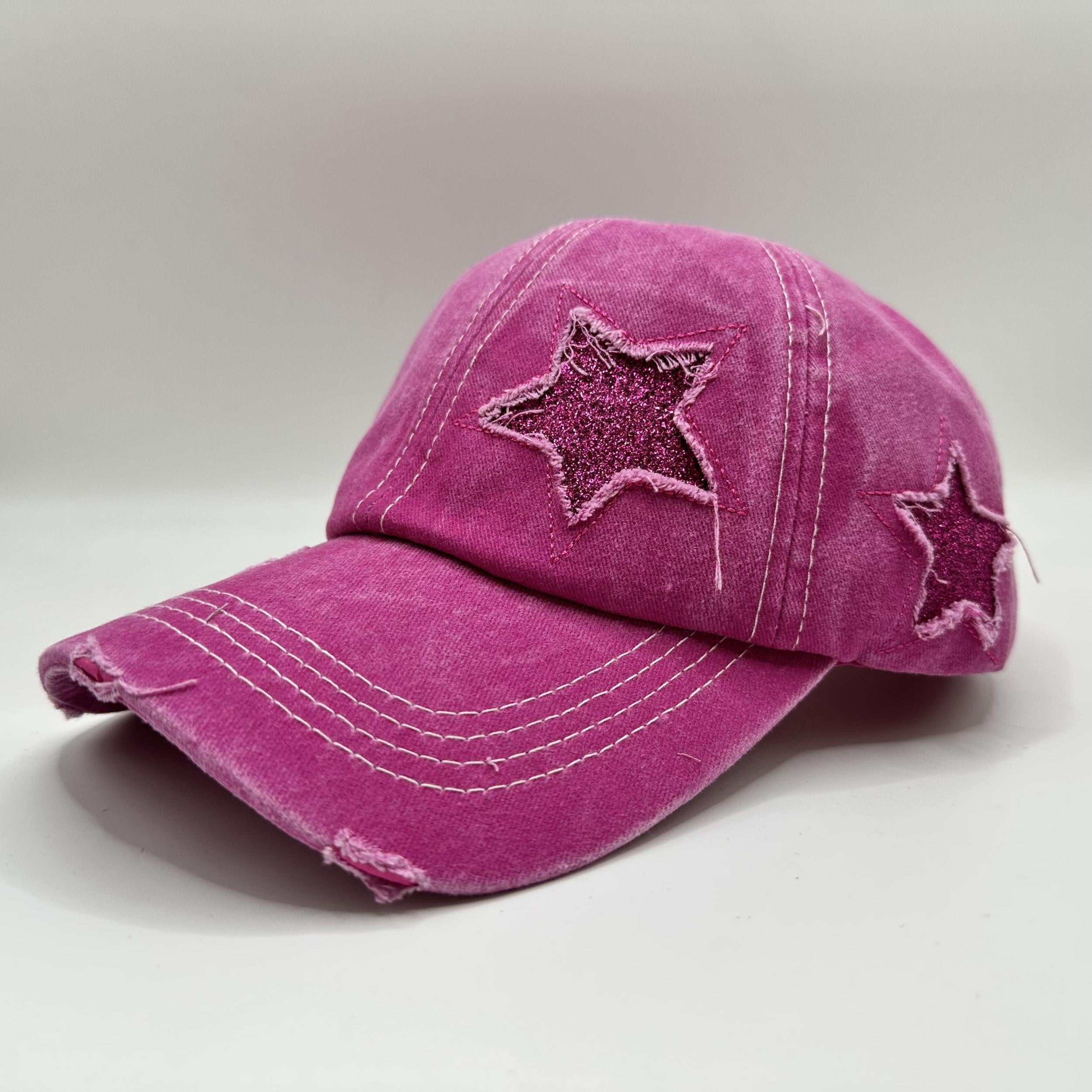 Glitter Star Ripped Baseball Cap Distressed Dad Hats Women