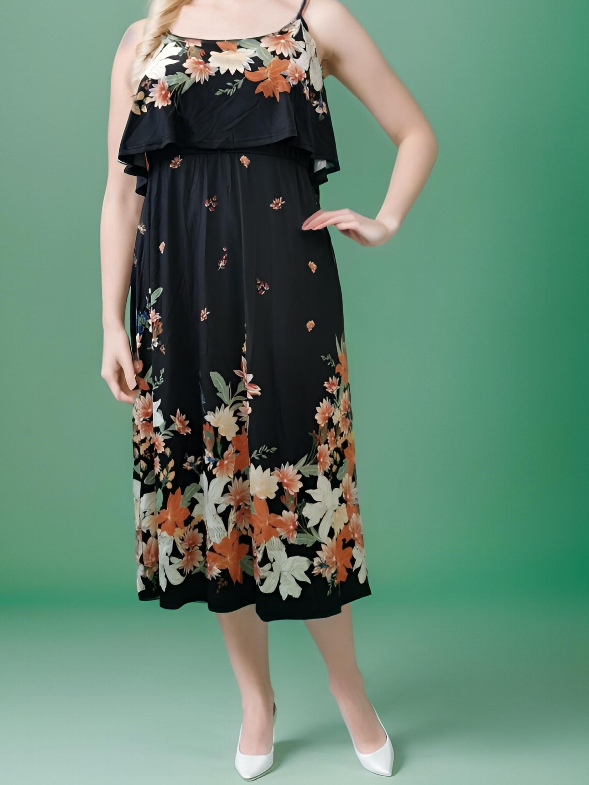 Floral Print Ruffle Trim Cold Shoulder Maxi Dress