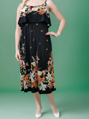 Floral Print Ruffle Trim Cold Shoulder Maxi Dress