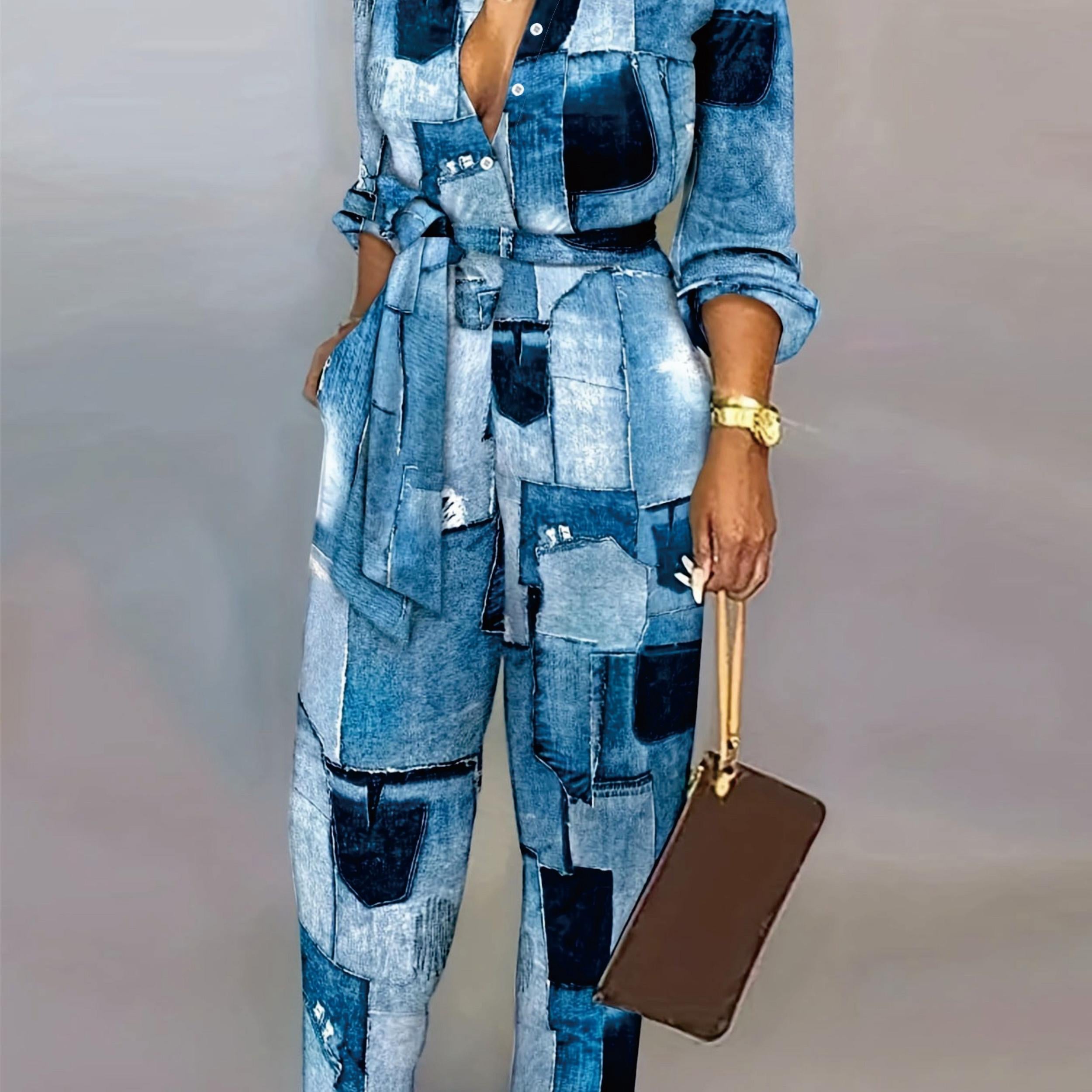 Denim Print Button Up Long Sleeve Wide Leg Jumpsuit