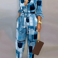 Denim Print Button Up Long Sleeve Wide Leg Jumpsuit
