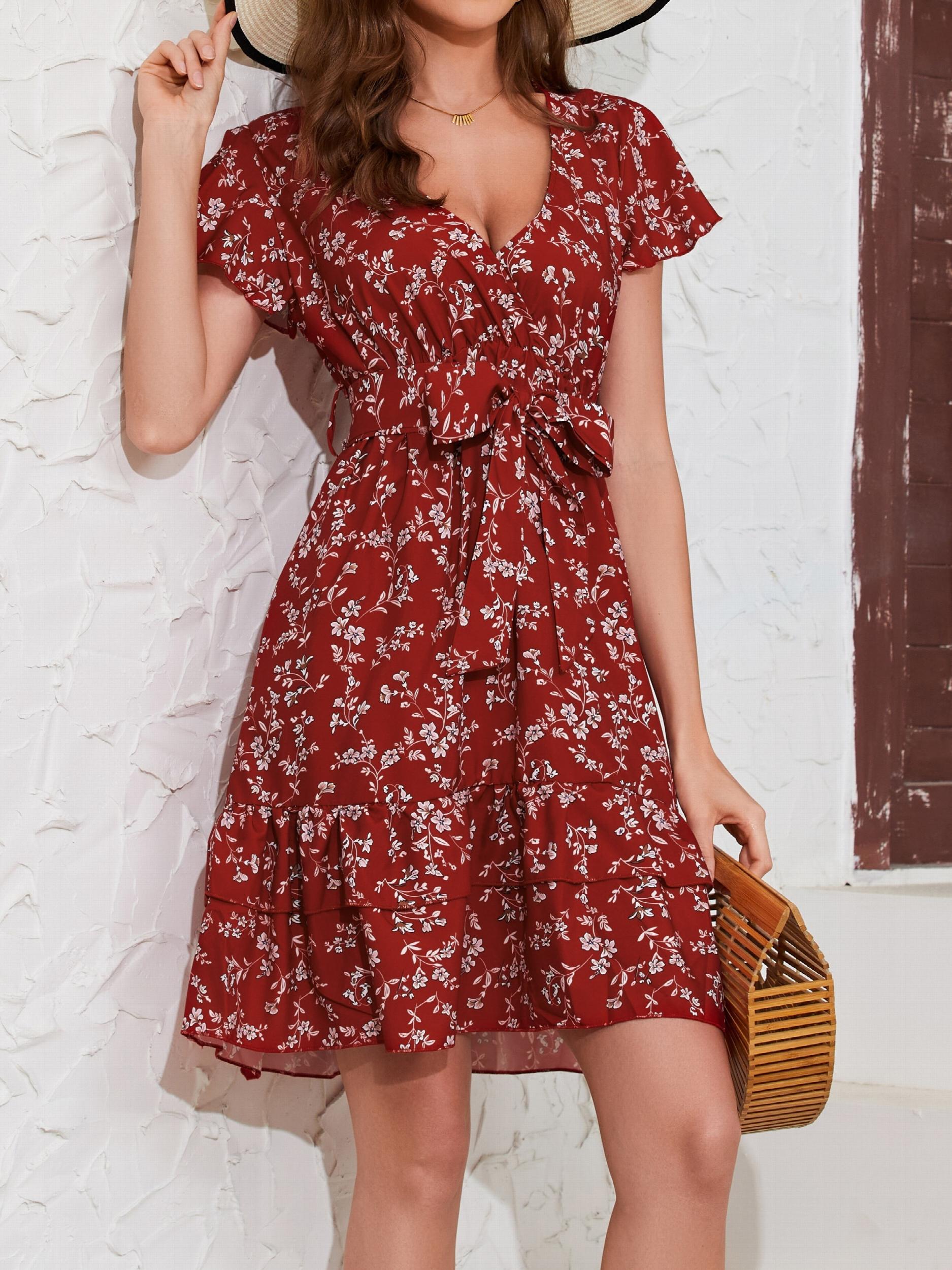 Floral Print Surplice Neck Dress Ruffle Sleeve Belted