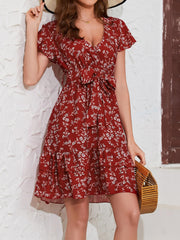 Floral Print Surplice Neck Dress Ruffle Sleeve Belted