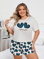 Casual Pajamas Set Short Sleeve Plus Slogan & Heart Pattern